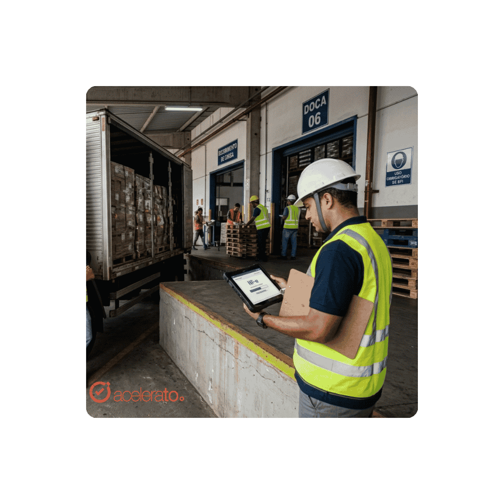A imagem mostra um carregador de um caminhão esperando a NF-e ser emitida e o XML da nota ser emitido. Para conseguir fazer a auditoria e controle de notas fiscais